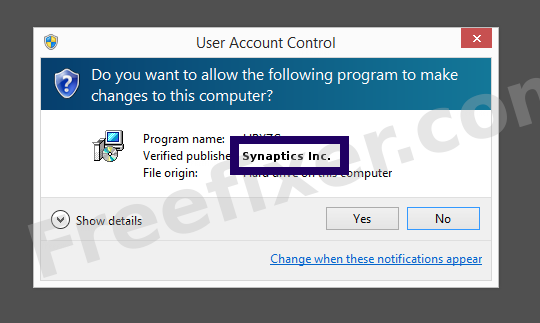 Screenshot where Synaptics Inc. appears as the verified publisher in the UAC dialog